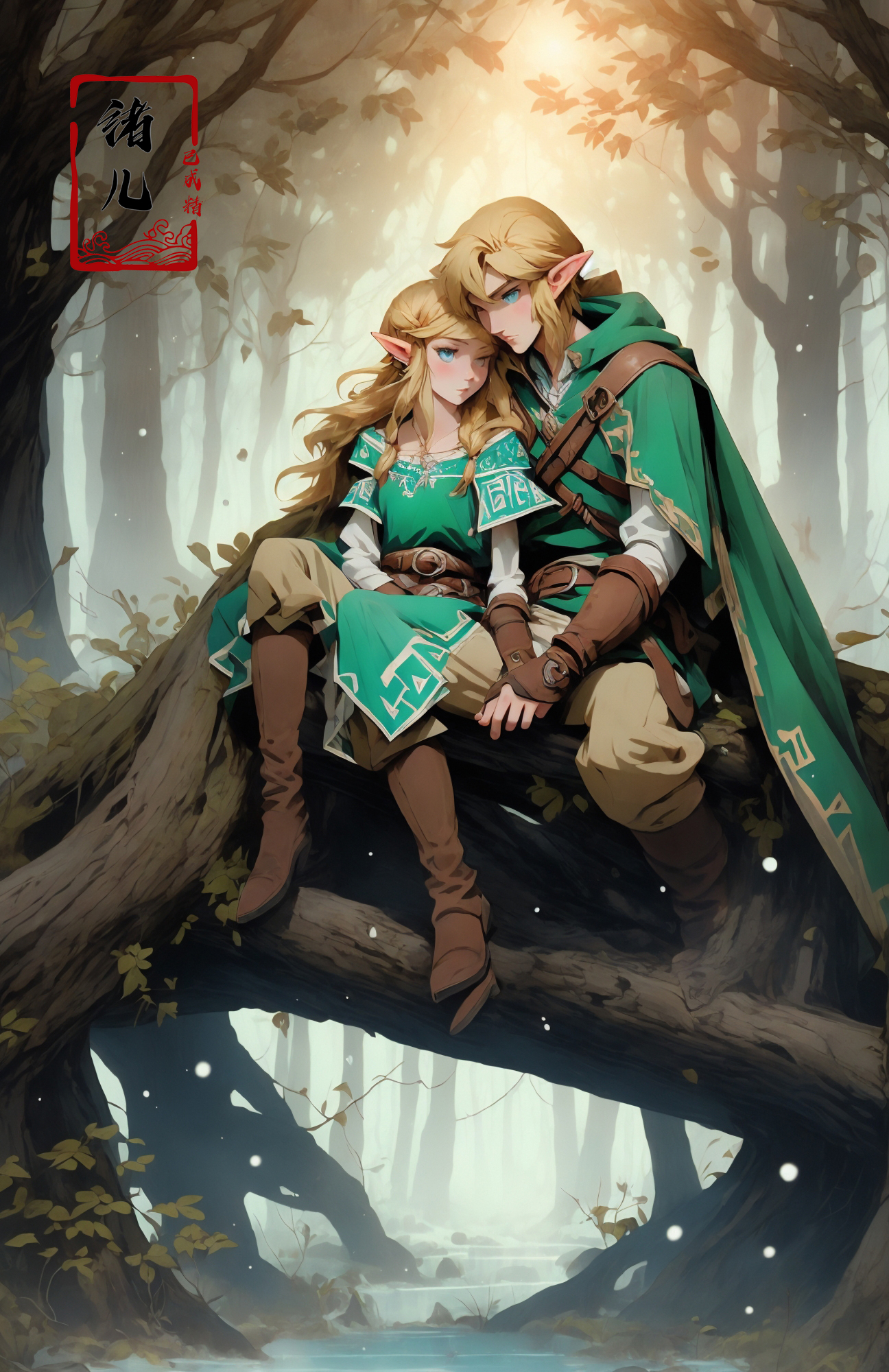606247209521969077-3908402127-legend of zelda link between forest and ice, in the style of romantic illustrations, goblin academia, green and bronze, romantic.jpg
